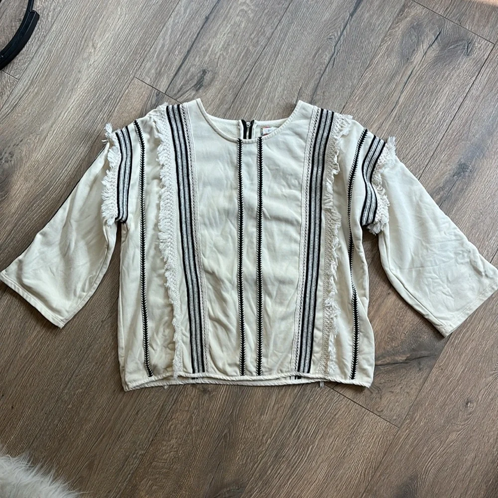 Anthropologie Eri & Ali Top Fringe Trim Black Cream Blouse Women Size Medium - Picture 2 of 12